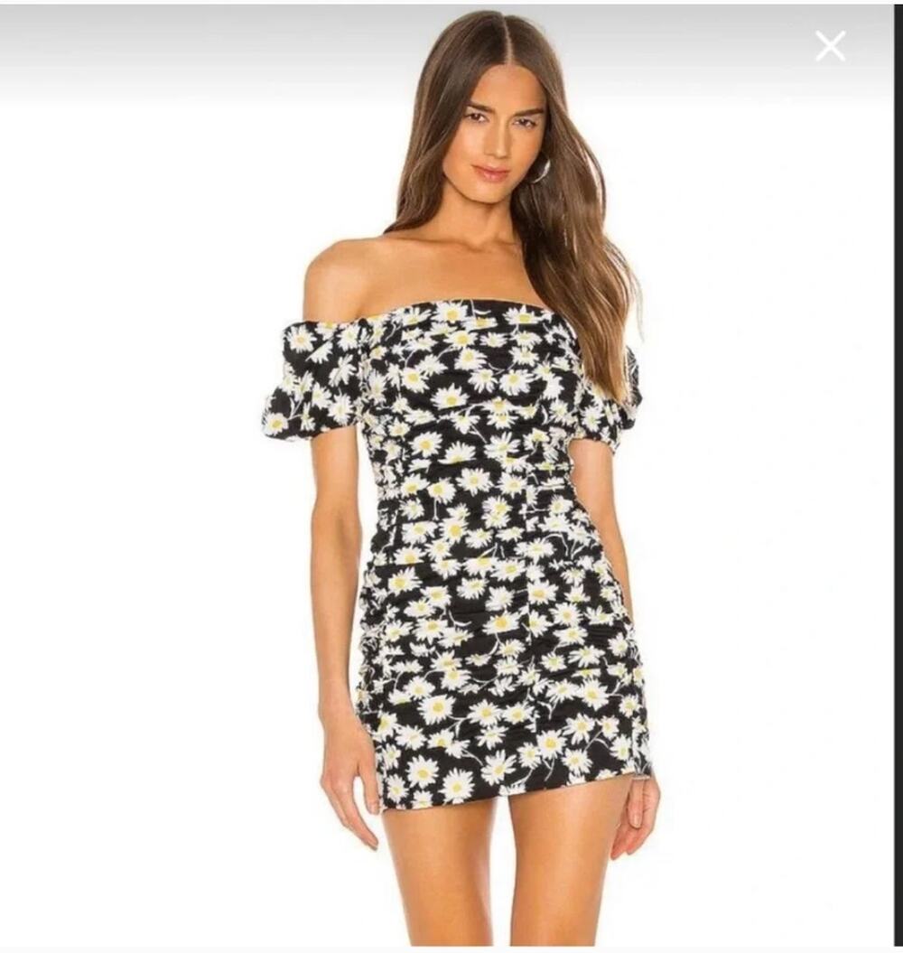 Superdown Rumor Ruched Daisy Print Black Mini Dress Size XS